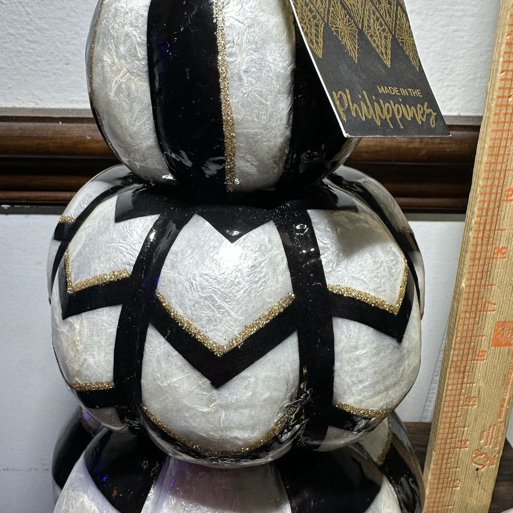 2 Black White Checkered Stacked Pumpkins Gold Stems Halloween Fall Topiary New - Picture 8 of 11